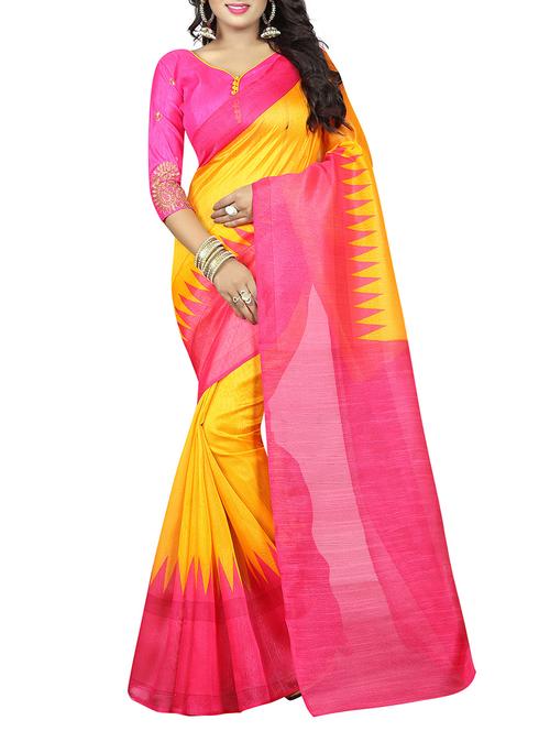 yellow printed bordered saree with blouse - 14489011 - Very Small Image - 1