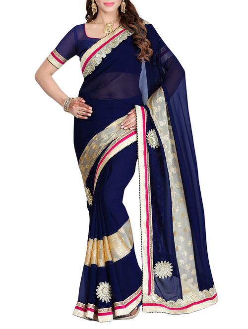 navy blue embroidered saree with blouse - 14494574 - Very Small Image - 1