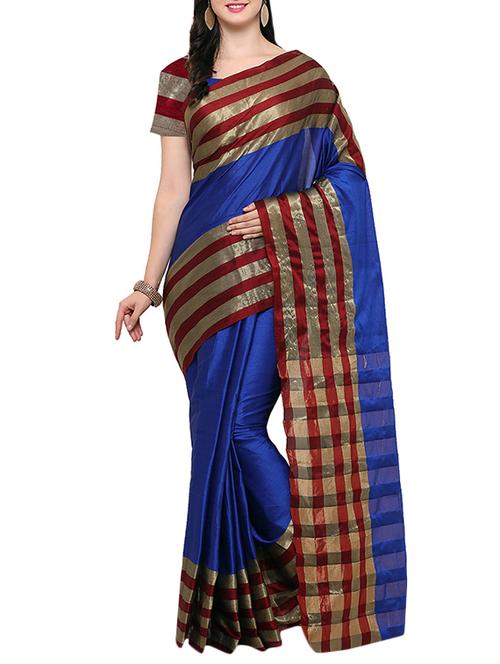 blue silk blend plain saree with blouse - 14495167 - Very Small Image - 1