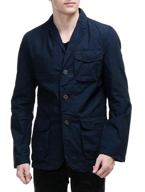 navy blue cotton single breasted casual blazer - 14495523 - Very Small Image - 1