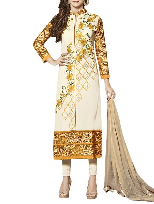 cream semi-stitched straight pant suit - 14495660 - Very Small Image - 1