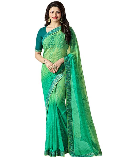 green georgette printed saree with blouse - 14496822 - Very Small Image - 1