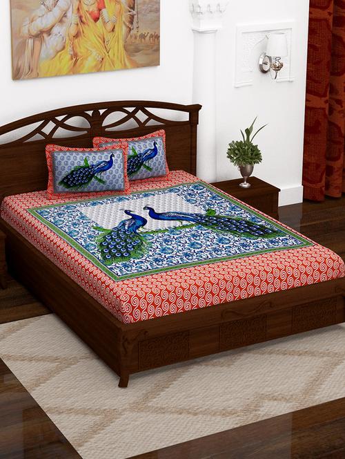 152 tc pure cotton traditional rajasthani printed double bed sheet with 2 pillow covers - 14502827 - Very Small Image - 1