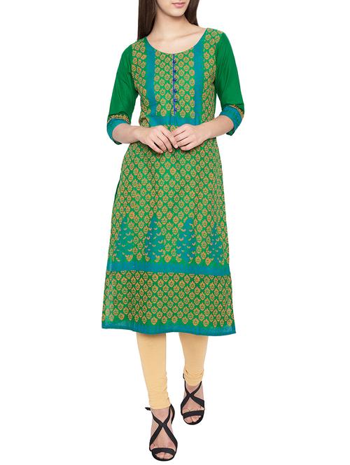 green cotton straight kurta - 14510026 - Very Small Image - 1