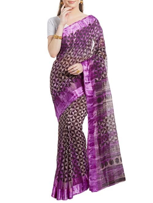 purple printed saree with blouse - 14512543 - Very Small Image - 1
