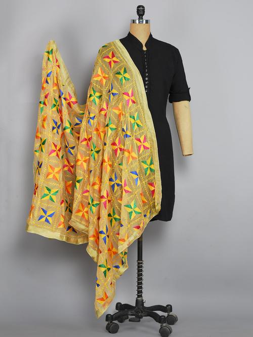 beige nylon phulkari dupatta - 14521691 - Very Small Image - 1
