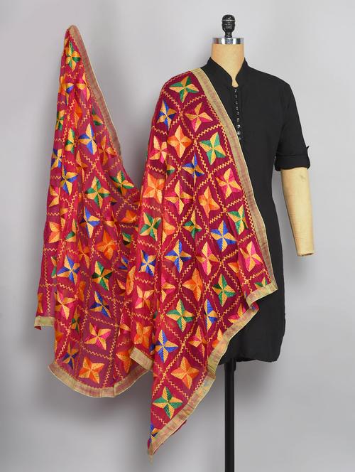 pink nylon phulkari dupatta - 14521694 - Very Small Image - 1