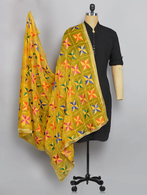 yellow nylon phulkari dupatta - 14521697 - Very Small Image - 1