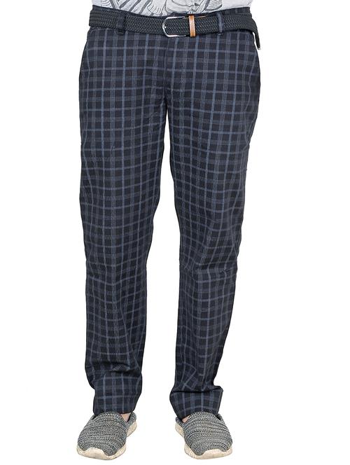 Navy Blue Cotton Flat Front Casual Trousers - 14524211 - Very Small Image - 1