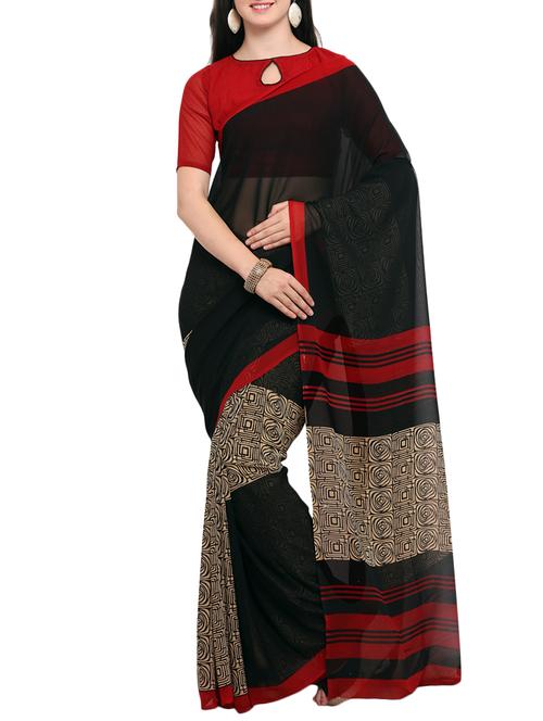 black georgette printed saree with blouse - 14526638 - Very Small Image - 1