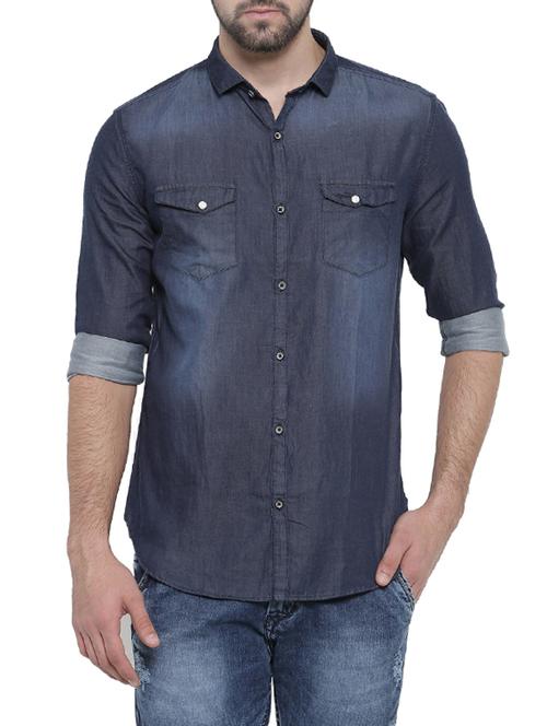 dark blue denim casual shirt - 14531670 - Very Small Image - 1