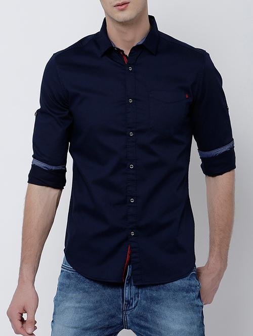 navy blue cotton blend casual shirt - 14537300 - Very Small Image - 1