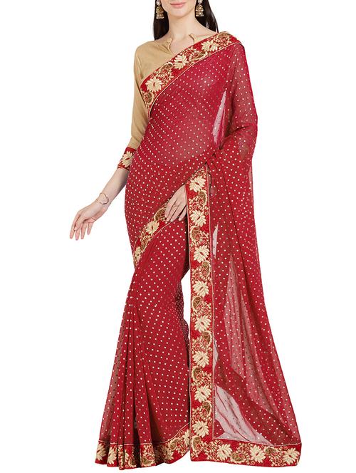 red georgette embroidered saree with blouse - 14538664 - Very Small Image - 1