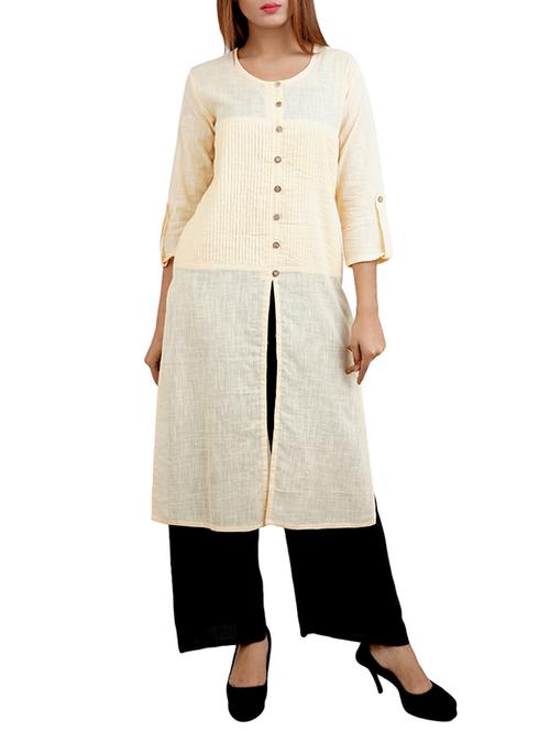 cream cotton high slit kurta - 14544264 - Very Small Image - 1