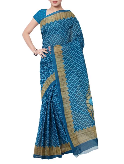 blue cotton printed saree with blouse - 14548320 - Very Small Image - 1