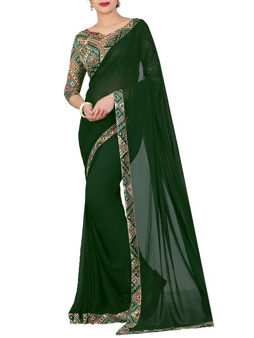 bottle green bordered saree with blouse - 14551262 - Very Small Image - 1