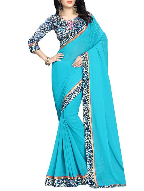 sea blue bordered saree with blouse - 14551388 - Very Small Image - 1