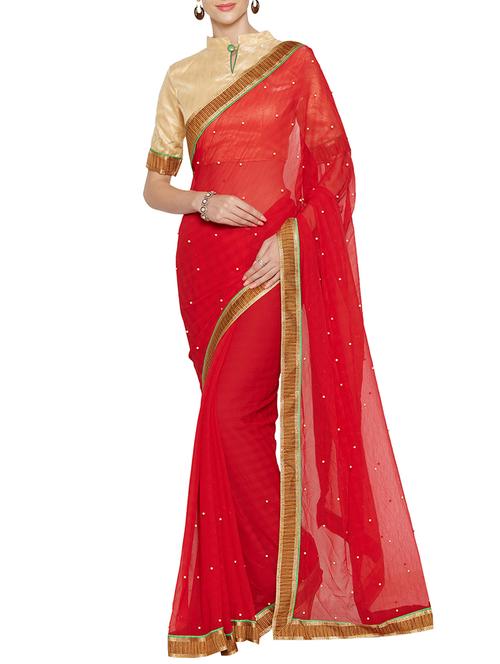 cherry red embellished saree with blouse - 14551580 - Very Small Image - 1