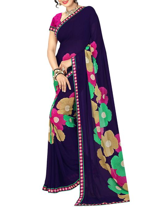 blue georgette printed saree with blouse - 14551814 - Very Small Image - 1
