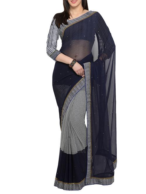 midnight blue embellished  half & half saree with blouse - 14552171 - Very Small Image - 1