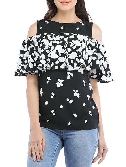 leaf print cold shoulder ruffled top - 14554250 - Very Small Image - 1