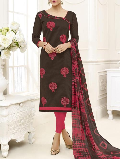 brown chanderi cotton unstitched dress material - 14555634 - Very Small Image - 1