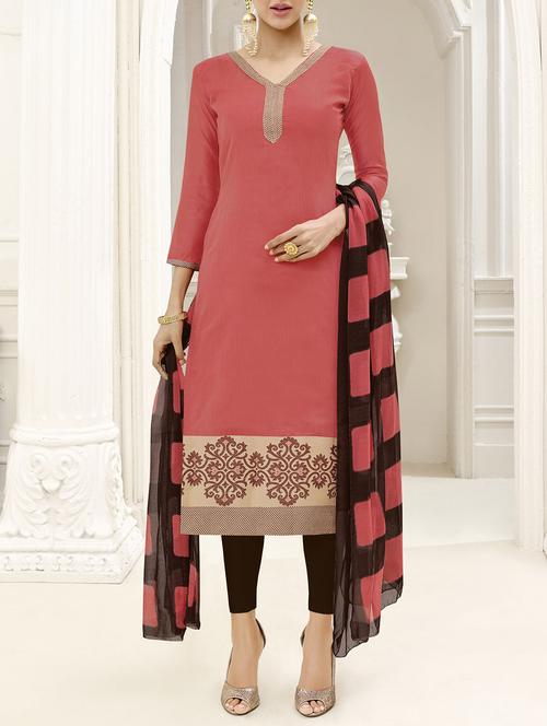 pink chanderi cotton unstitched dress material - 14555644 - Very Small Image - 1