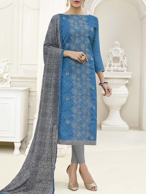 sky blue chanderi cotton unstitched dress material - 14555648 - Very Small Image - 1
