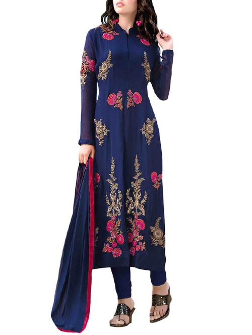 navy blue georgette semi-stitched churidaar suit - 14556441 - Very Small Image - 1