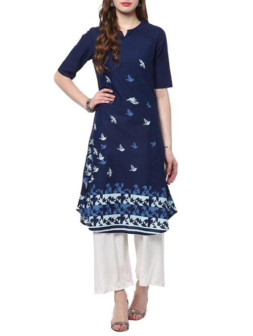 blue cotton a-line kurta - 14558021 - Very Small Image - 1