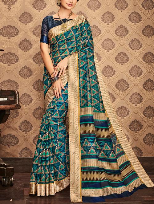 green silk printed saree with blouse - 14561839 - Very Small Image - 1