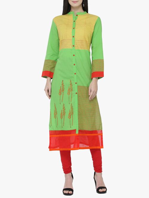 green cotton straight  kurta - 14563215 - Very Small Image - 1