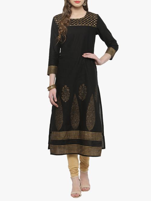 black cotton straight  kurta - 14563231 - Very Small Image - 1