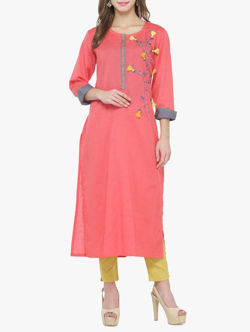 pink cotton straight  kurta - 14563267 - Very Small Image - 1
