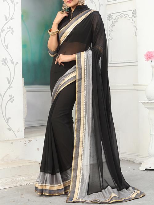 black georgette bordered saree with blouse - 14564201 - Very Small Image - 1