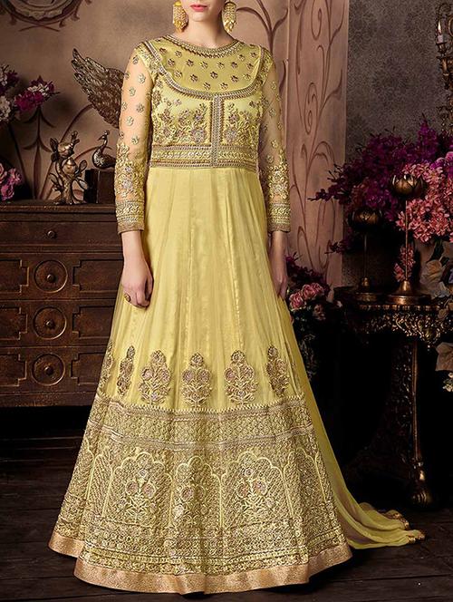 yellow net semi-stitched anarkali suit - 14564302 - Very Small Image - 1