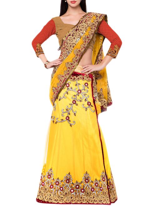yellow net embroidered lehenga saree with blouse - 14564916 - Very Small Image - 1