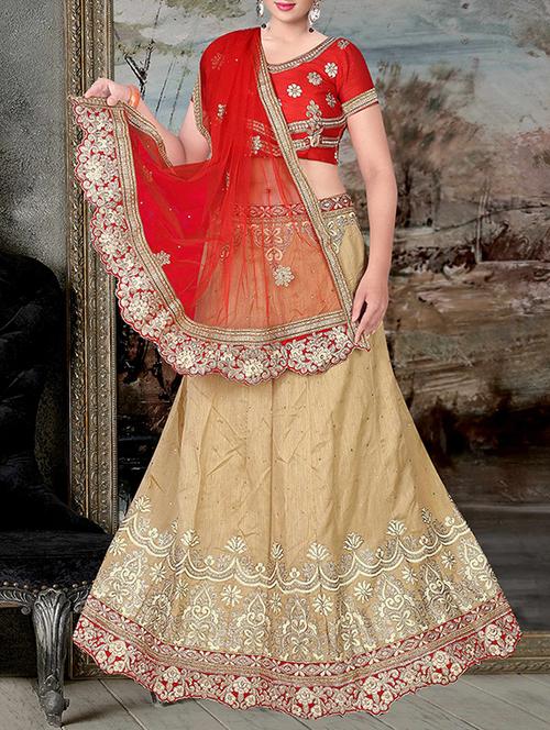 beige poly silk embroidered paneled lehenga - 14565222 - Very Small Image - 1