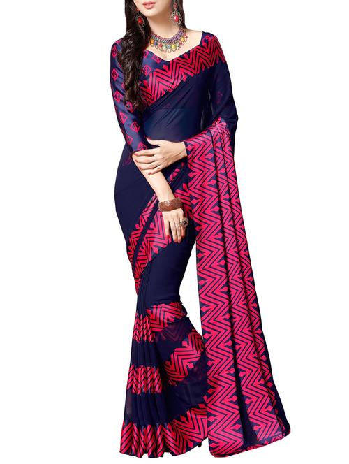 blue georgette printed saree with blouse - 14566232 - Very Small Image - 1