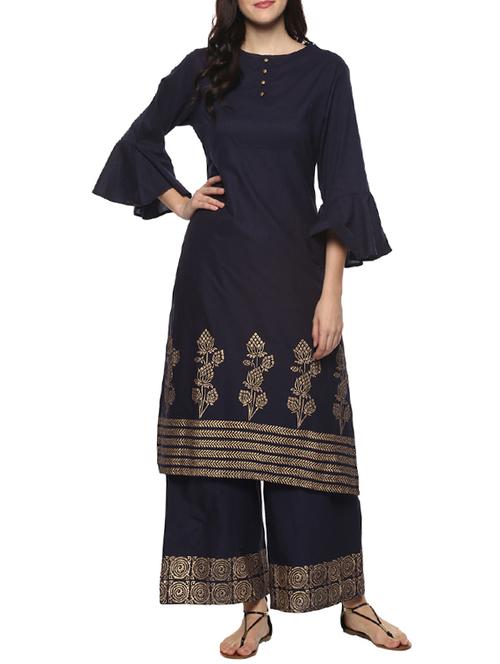 blue cotton kurta with blue palazzo set - 14566839 - Very Small Image - 1