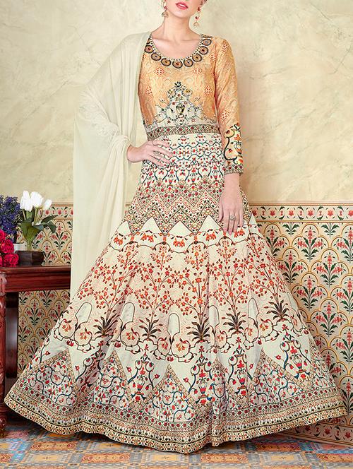 cream satin semistitched suit - 14569080 - Very Small Image - 1