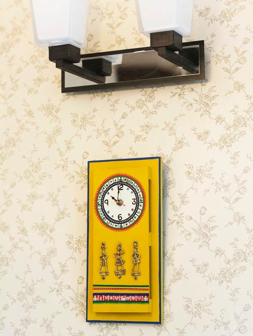 antique handpainted warli and dhokra wooden work yellow wall clock with dhokra craft - 14572676 - Very Small Image - 1
