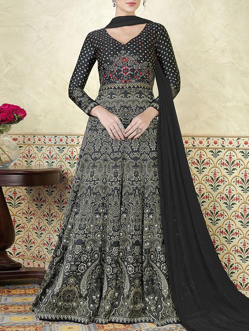 black satin flared semi-stitched suit - 14573624 - Very Small Image - 1