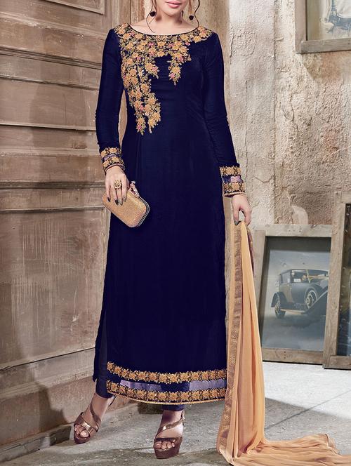 blue velvet embroidered semi-stitched suit - 14573630 - Very Small Image - 1