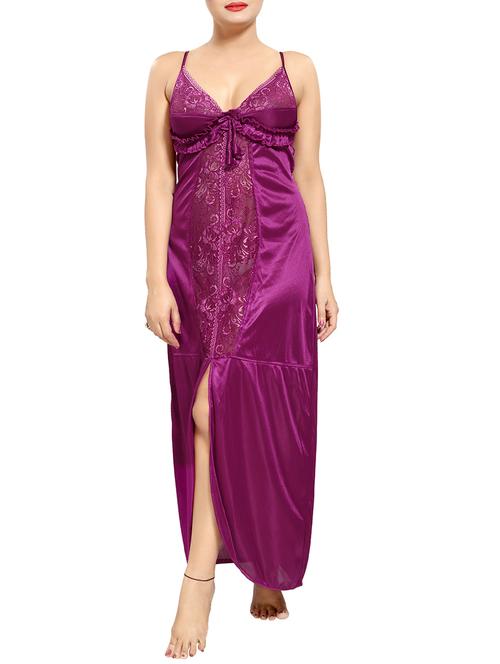 women solid purple detailed satin nighty - 14574174 - Very Small Image - 1