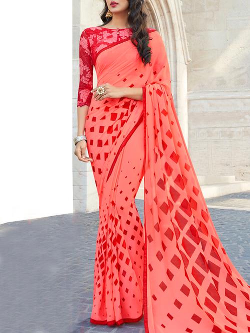 peach georgette printed saree with blouse - 14574373 - Very Small Image - 1