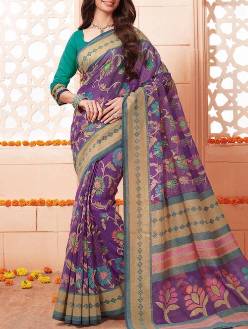 purple art silk printed saree with blouse - 14579945 - Very Small Image - 1