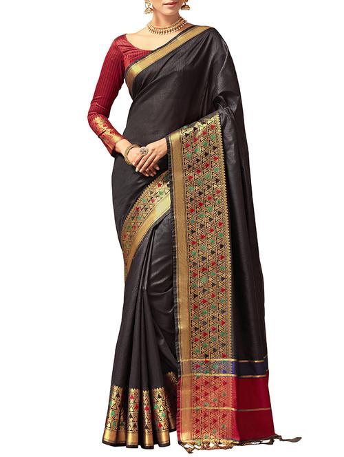 black raw silk mysore saree with blouse - 14582263 - Very Small Image - 1