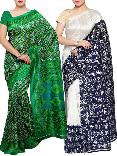 set of 2 multicolored cotton silk saree with blouse - 14585703 - Very Small Image - 1
