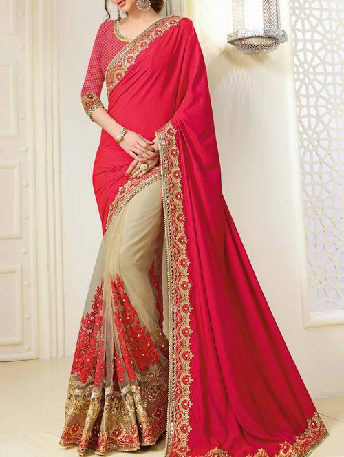 red and beige half & half saree with blouse - 14589665 - Very Small Image - 1